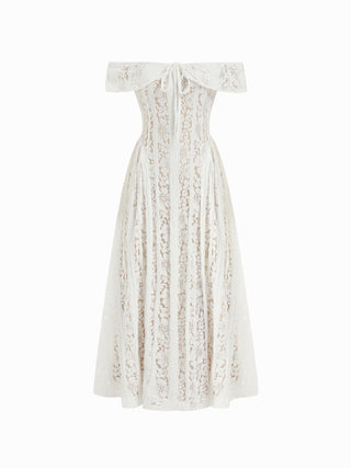 Lace Sculptural Off-Shoulder Knotted Flared Maxi Dress