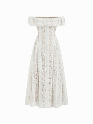 Lace Sculptural Off-Shoulder Knotted Flared Maxi Dress