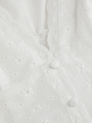 Woven Cotton-blend Sculptural V-neck Broderie Anglaise Floral Lace Trim Button Midi Dress For Vacation