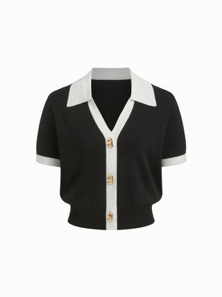 Knit Collar Colorblock Metal Button Short Sleeve Top