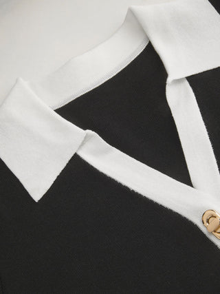 Knit Collar Colorblock Metal Button Short Sleeve Top