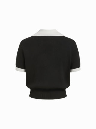 Knit Collar Colorblock Metal Button Short Sleeve Top