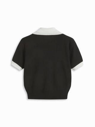 Knit Collar Colorblock Metal Button Short Sleeve Top