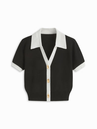 Knit Collar Colorblock Metal Button Short Sleeve Top