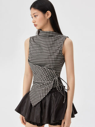 Gingham Stand Collar Asymmetrical Hem Ruched Knotted Top