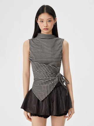 Gingham Stand Collar Asymmetrical Hem Ruched Knotted Top