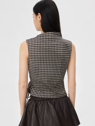 Gingham Stand Collar Asymmetrical Hem Ruched Knotted Top