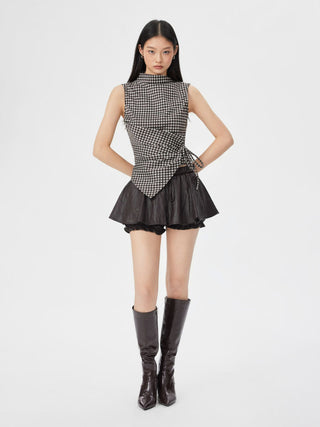 Gingham Stand Collar Asymmetrical Hem Ruched Knotted Top