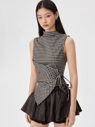 Gingham Stand Collar Asymmetrical Hem Ruched Knotted Top