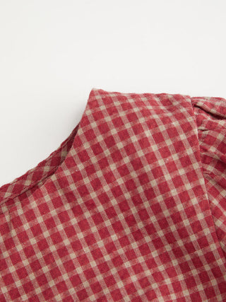 Red Gingham Square Neck Puff Sleeve Blouse