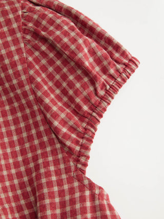 Red Gingham Square Neck Puff Sleeve Blouse