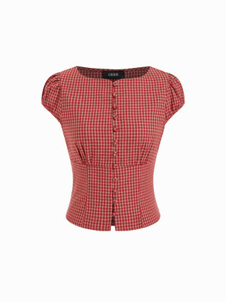 Red Gingham Square Neck Puff Sleeve Blouse