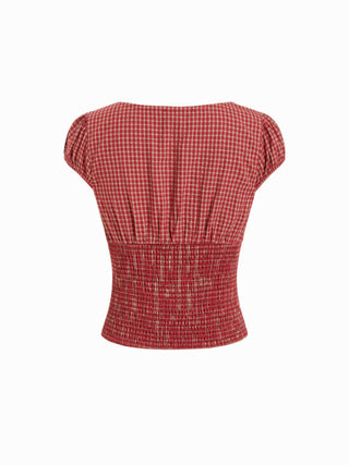 Red Gingham Square Neck Puff Sleeve Blouse