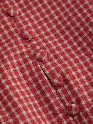 Red Gingham Square Neck Puff Sleeve Blouse