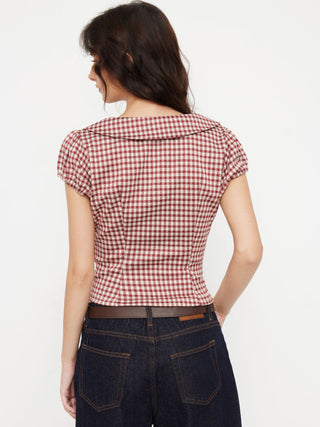 Woven Red Gingham Peter Pan Collar Puff Sleeve Crop Blouse For Daily Casual Date