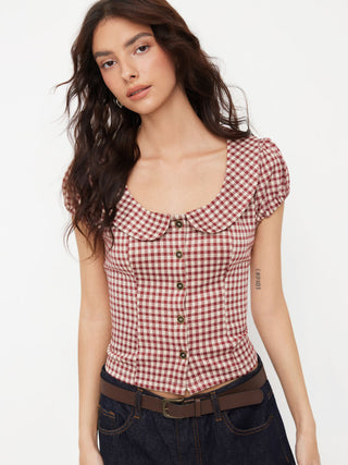 Woven Red Gingham Peter Pan Collar Puff Sleeve Crop Blouse For Daily Casual Date