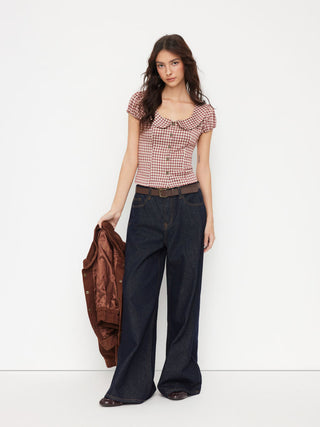 Woven Red Gingham Peter Pan Collar Puff Sleeve Crop Blouse For Daily Casual Date