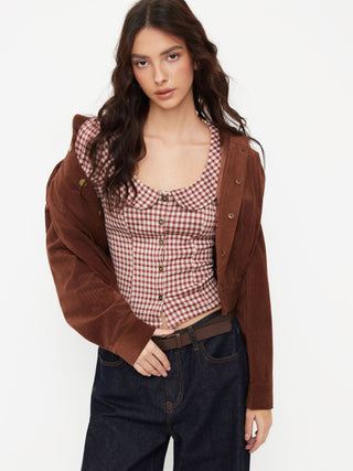 Woven Red Gingham Peter Pan Collar Puff Sleeve Crop Blouse For Daily Casual Date