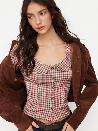 Woven Red Gingham Peter Pan Collar Puff Sleeve Crop Blouse For Daily Casual Date