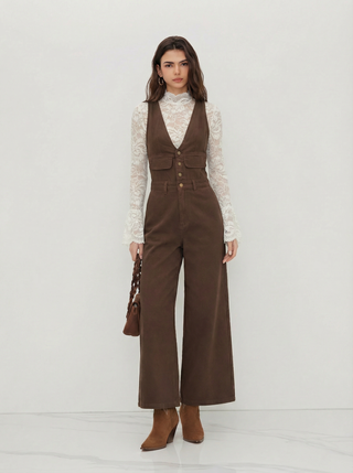 Denim V-neck Button Pocket Wide Leg Jumpsuit