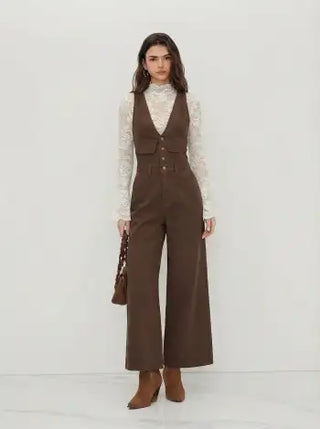 Denim V-neck Button Pocket Wide Leg Jumpsuit