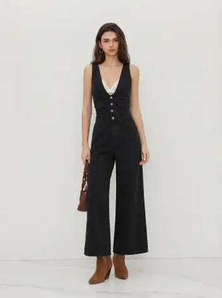 Denim V-neck Button Pocket Wide Leg Jumpsuit