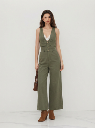 Denim V-neck Button Pocket Wide Leg Jumpsuit