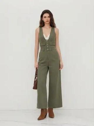 Denim V-neck Button Pocket Wide Leg Jumpsuit
