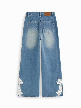 High Stretch Denim Mid Rise Lace Bowknot Wide Leg Jeans