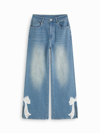High Stretch Denim Mid Rise Lace Bowknot Wide Leg Jeans