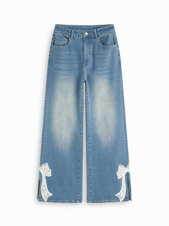 High Stretch Denim Mid Rise Lace Bowknot Wide Leg Jeans