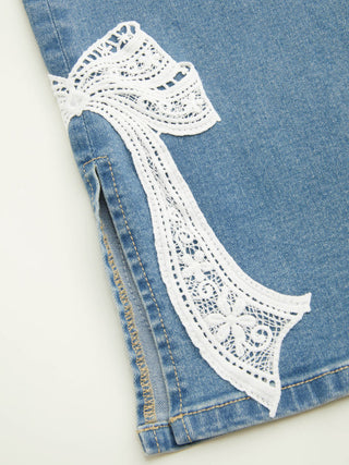 High Stretch Denim Mid Rise Lace Bowknot Wide Leg Jeans