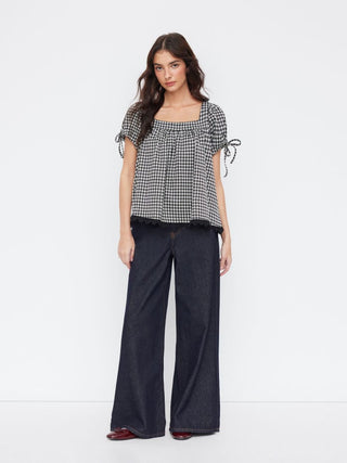 Knit Fabric Square Neck Puff Sleeve Plaid Drawstring Blouse  For Daily Casual Date