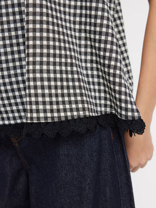 Knit Fabric Square Neck Puff Sleeve Plaid Drawstring Blouse  For Daily Casual Date