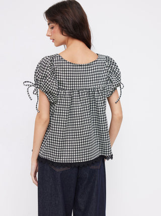 Knit Fabric Square Neck Puff Sleeve Plaid Drawstring Blouse  For Daily Casual Date