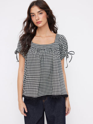 Knit Fabric Square Neck Puff Sleeve Plaid Drawstring Blouse  For Daily Casual Date