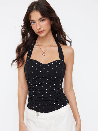 Cotton Polka Dot Halter Neck Ruched Tie Back Top