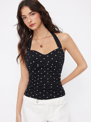 Cotton Polka Dot Halter Neck Ruched Tie Back Top