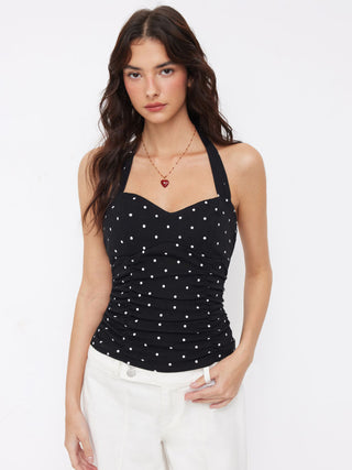 Cotton Polka Dot Halter Neck Ruched Tie Back Top