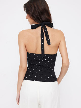 Cotton Polka Dot Halter Neck Ruched Tie Back Top