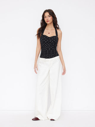 Cotton Polka Dot Halter Neck Ruched Tie Back Top
