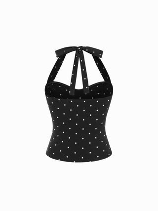 Cotton Polka Dot Halter Neck Ruched Tie Back Top
