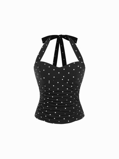 Cotton Polka Dot Halter Neck Ruched Tie Back Top