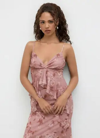 Mesh V-neck Floral Ruffle Cami Top & Mid Rise Maxi Skirt Set For Music Festival/Live House Vacation