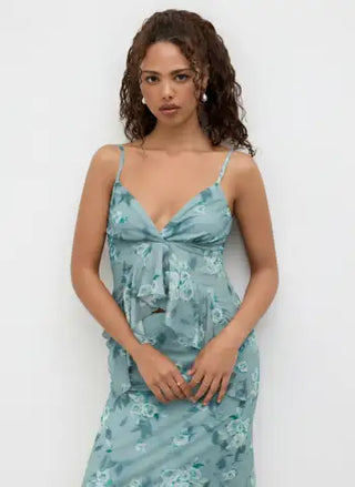 Mesh V-neck Floral Ruffle Cami Top & Mid Rise Maxi Skirt Set For Music Festival/Live House Vacation