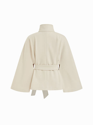 Wool-look Stand Collar Cloak Sleeve Oversized Jacket With Belt