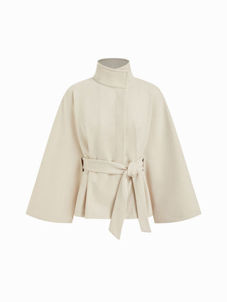 Wool-look Stand Collar Cloak Sleeve Oversized Jacket With Belt