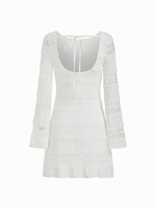 Lace Boat Neck Knotted Backless Bell Sleeve Mini Dress