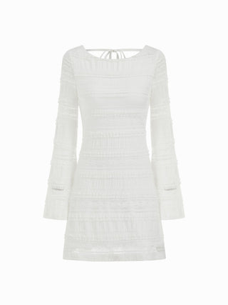 Lace Boat Neck Knotted Backless Bell Sleeve Mini Dress