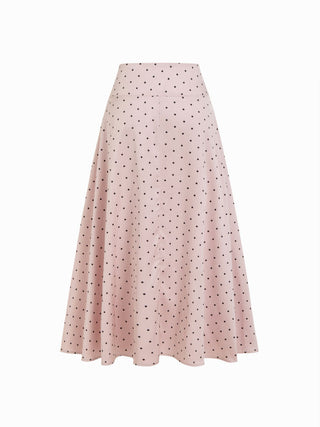 Satin Mid Rise Polka Dot Flared Maxi Skirt